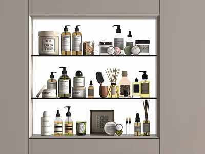 Organized Skincare And Beauty Products Display On Shelves With Bottles Jars And Essential Oils 3d model