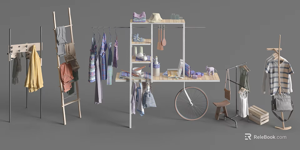 Stylish Clothes Hanging On Racks With Hats Bags And Mobile Display Cart 3d model 