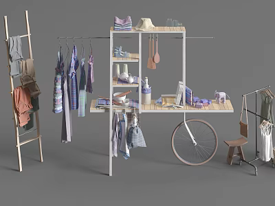 Stylish Clothes Hanging On Racks With Hats Bags And Mobile Display Cart 3d model