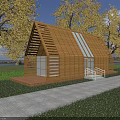 Scenic Wooden House With Sloped Roof Large Windows Stone Path And Yellow Leaved Trees