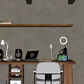 Wooden Desk And White Chair Workspace With Laptop Table Lamp Shelf Books And Clock