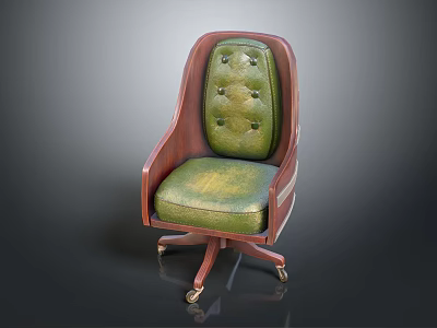 Classic Vintage Office Chair With Wooden Frame Green Tufted Upholstery And Caster Wheels 3d model