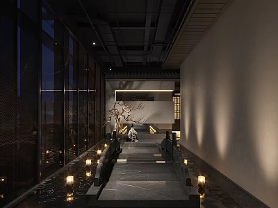 Modern Elegant Elevator Hallway With Glass Walls Stone Flooring Lanterns And Chinese Lighting Elements 3d model