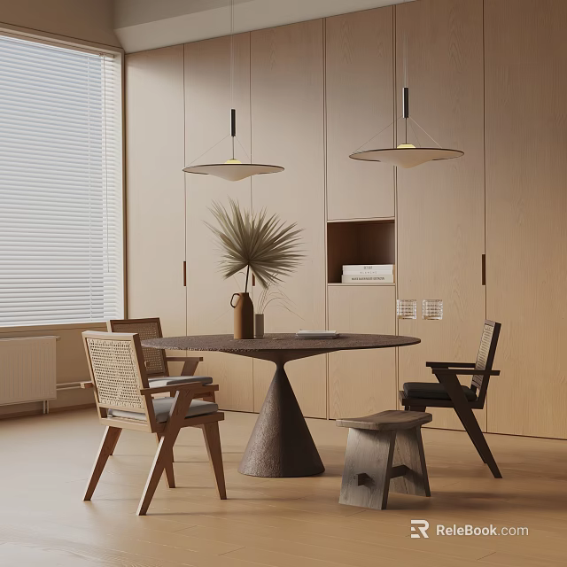 Modern Dining Table Set With Wooden Top Rattan Chairs Pendant Lights Potted Plant And Cabinetry 3d model 