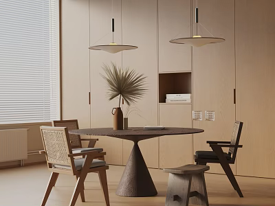 Modern Dining Table Set With Wooden Top Rattan Chairs Pendant Lights Potted Plant And Cabinetry 3d model