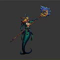 Mythical Mermaid Character With Ornate Attire Holding Blue Flame Staff and Decorative Horns