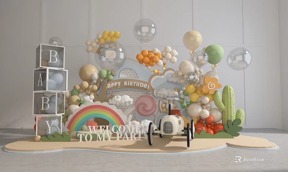 Inflatable Birthday Party Decorations With Rainbow Balloons Welcome Sign And Cute Car 3d model 
