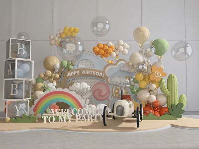 Inflatable Birthday Party Decorations With Rainbow Balloons Welcome Sign And Cute Car 3d model