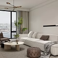 Modern Living and Dining Room Interior With Sofa Coffee Table Chandelier Green Plant and Area Rug