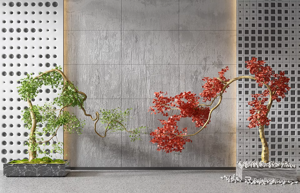 Green And Red Leaf Trees In Modern Indoor Decoration With Gray Wall Panels 3d model 