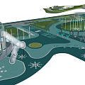 Public Recreational Area Landscape Design With Green Lawns Circular Plazas Pathways And Structures