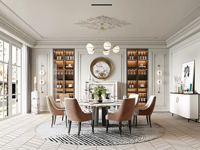 Elegant Restaurant Interior Design With Round Dining Table Chandelier Wine Shelves And Large Windows 3d model