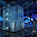 Modern Data Center Interior With Server Racks And Blue Digital Grid Background 3d model
