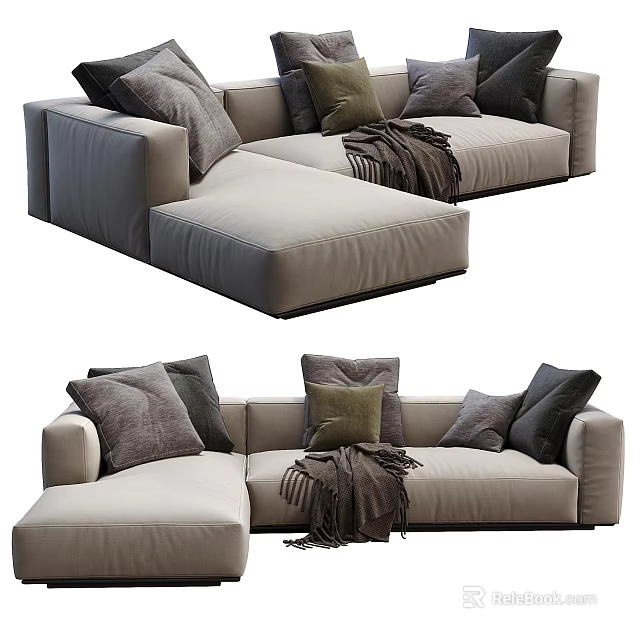 Cozy Modern Sectional Sofa With Neutral Tones Multiple Cushions And Throw Blanket 3d model