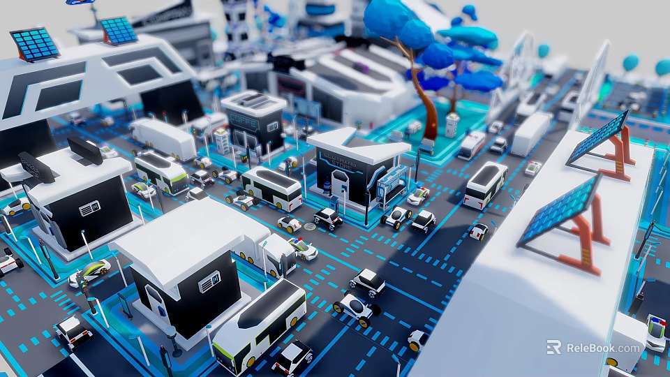 Cartoon City Scene With Colorful Buildings Mini Vehicles Roads And Blue Trees 3d model 