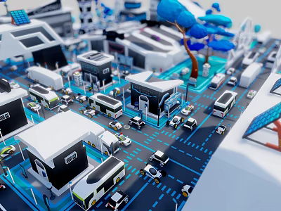 Cartoon City Scene With Colorful Buildings Mini Vehicles Roads And Blue Trees 3d model