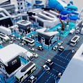 Cartoon City Scene With Colorful Buildings Mini Vehicles Roads And Blue Trees