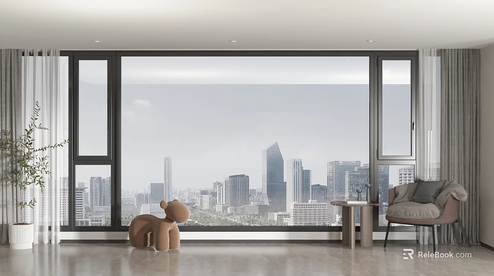 Floor to ceiling windows with city skyline view in spacious room brown teddy bear chair 3d model 