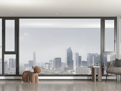 Floor to ceiling windows with city skyline view in spacious room brown teddy bear chair 3d model