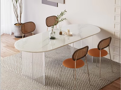 Modern Minimalist Dining Table Set With White Oval Top And Woven Back Chairs 3d model