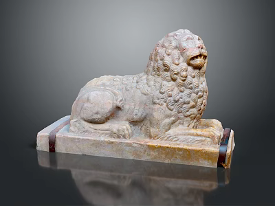 Reclining Ancient Stone Lion Statue With Detailed Curly Mane And Carved Pedestal 3d model