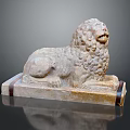 Reclining Ancient Stone Lion Statue With Detailed Curly Mane And Carved Pedestal