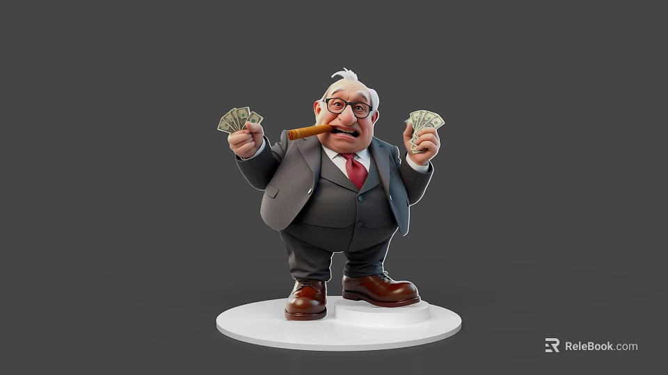 Cartoon Game Movie Character In Suit With Glasses Cigar And Money Bills 3d model 