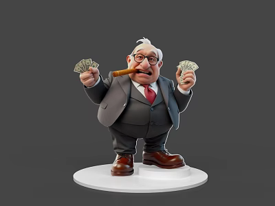 Cartoon Game Movie Character In Suit With Glasses Cigar And Money Bills 3d model