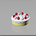 Colorful Decorated Cake With White Frosting Yellow Base Red Strawberry Toppings And Pink Meringue Candles