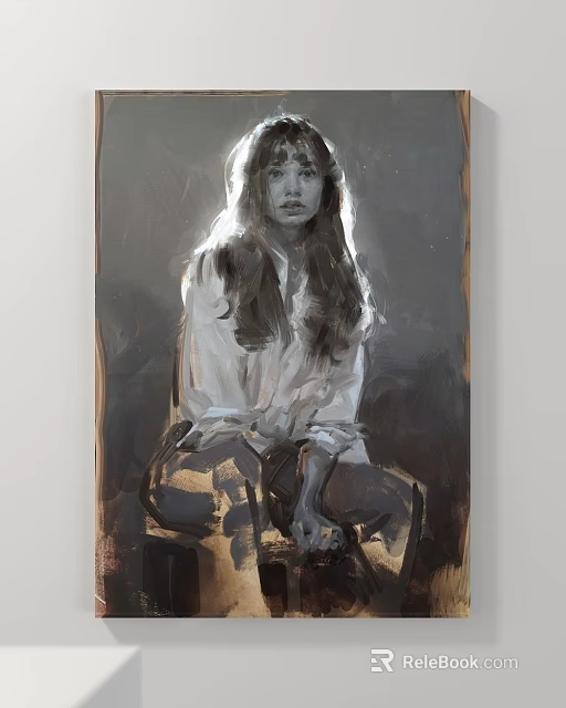 Detailed Female Portrait Painting With Long Hair White Shirt Sitting Dark Background 3d model 