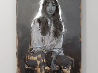 Detailed Female Portrait Painting With Long Hair White Shirt Sitting Dark Background 3d model