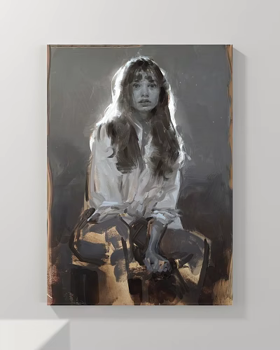 Detailed Female Portrait Painting With Long Hair White Shirt Sitting Dark Background 3d model