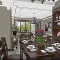 Dining And Living Room Interior Design With Wooden Table Tableware Pink Flower Vase Chandelier And Sofa