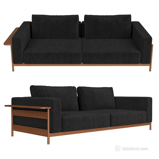 Modern Two-Seater Sofa With Dark Fabric Wooden Armrest And Stable Frame Design 3d model 