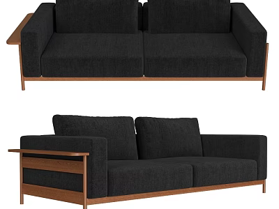 Modern Two-Seater Sofa With Dark Fabric Wooden Armrest And Stable Frame Design 3d model
