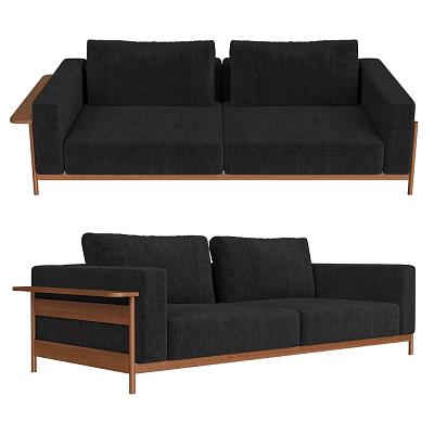 Modern Two-Seater Sofa With Dark Fabric Wooden Armrest And Stable Frame Design 3d model