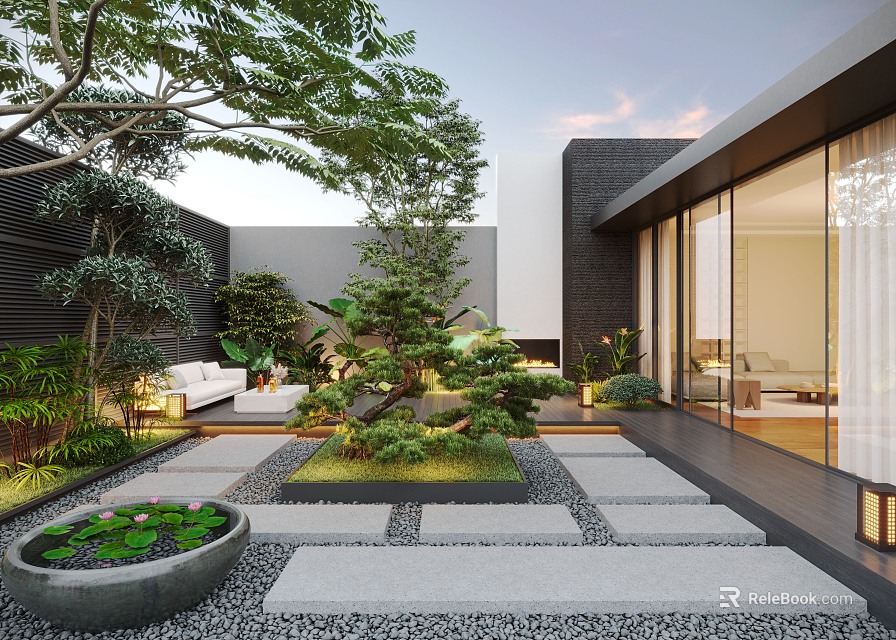 Modern Courtyard Garden Design With Stone Pathway Green Plants Water Feature And Outdoor Sofa 3d model 