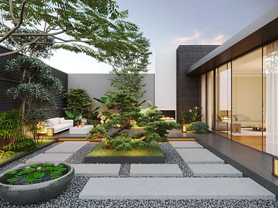 Modern Courtyard Garden Design With Stone Pathway Green Plants Water Feature And Outdoor Sofa 3d model