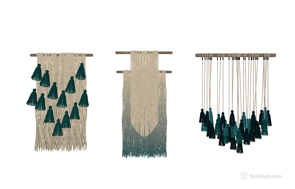 Bohemian Macramé Wall Hangings With Natural And Teal Tassels Design 3d model 