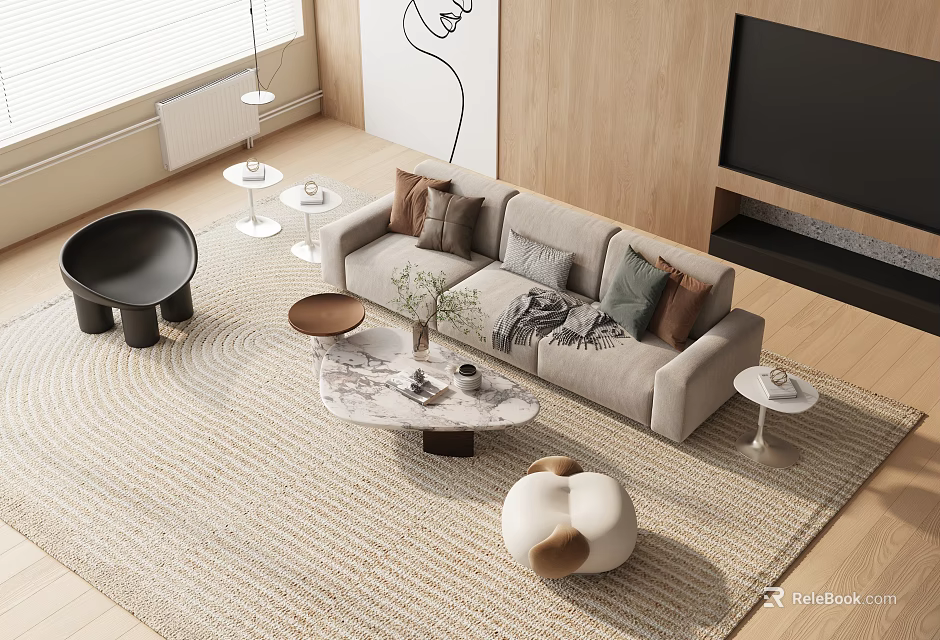 Modern Sofa and Coffee Table Set with Pillows Rug Side Tables and Wall Art 3d model 