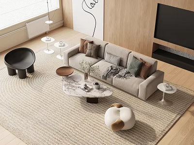 Modern Sofa and Coffee Table Set with Pillows Rug Side Tables and Wall Art 3d model