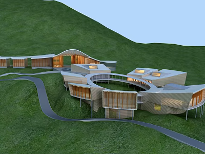 Modern Hillside Architecture With Curved Design Glass Windows Winding Paths And Green Landscape 3d model