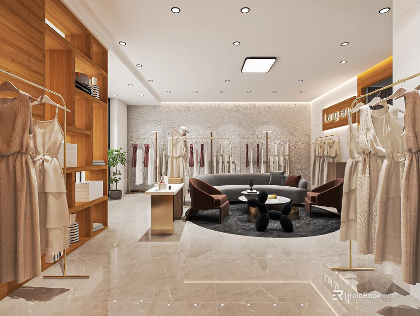Modern Clothing Store Interior With Wooden Shelves Dresses On Racks Sofa Area And Marble Floor 3d model 