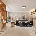 Modern Clothing Store Interior With Wooden Shelves Dresses On Racks Sofa Area And Marble Floor