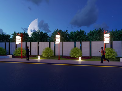 Illuminated Roadside Facilities With Street Lamps Green Plants And Pedestrians At Night 3d model