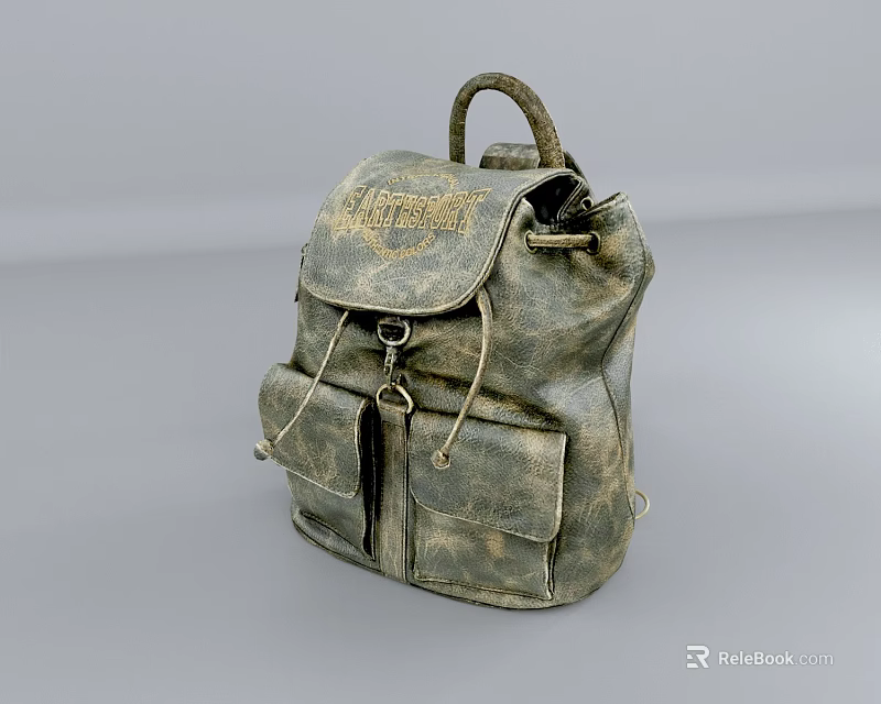 Vintage Leather Backpack With Multiple Pockets Drawstring Design And Branded Text Logo 3d model
