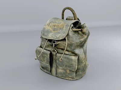 Vintage Leather Backpack With Multiple Pockets Drawstring Design And Branded Text Logo 3d model