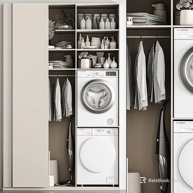 Bathroom Cabinet Rack With Washing Machine Dryer Hanging Clothes Storage Baskets And Bottles 3d model 