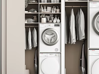 Bathroom Cabinet Rack With Washing Machine Dryer Hanging Clothes Storage Baskets And Bottles 3d model
