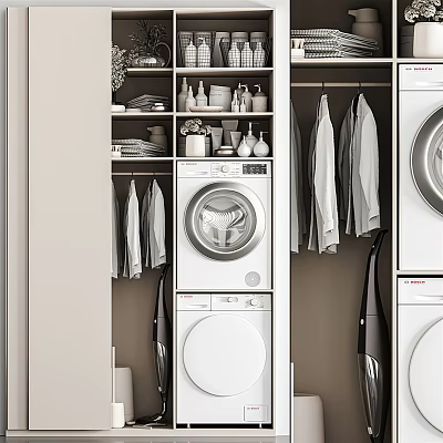 Bathroom Cabinet Rack With Washing Machine Dryer Hanging Clothes Storage Baskets And Bottles 3d model